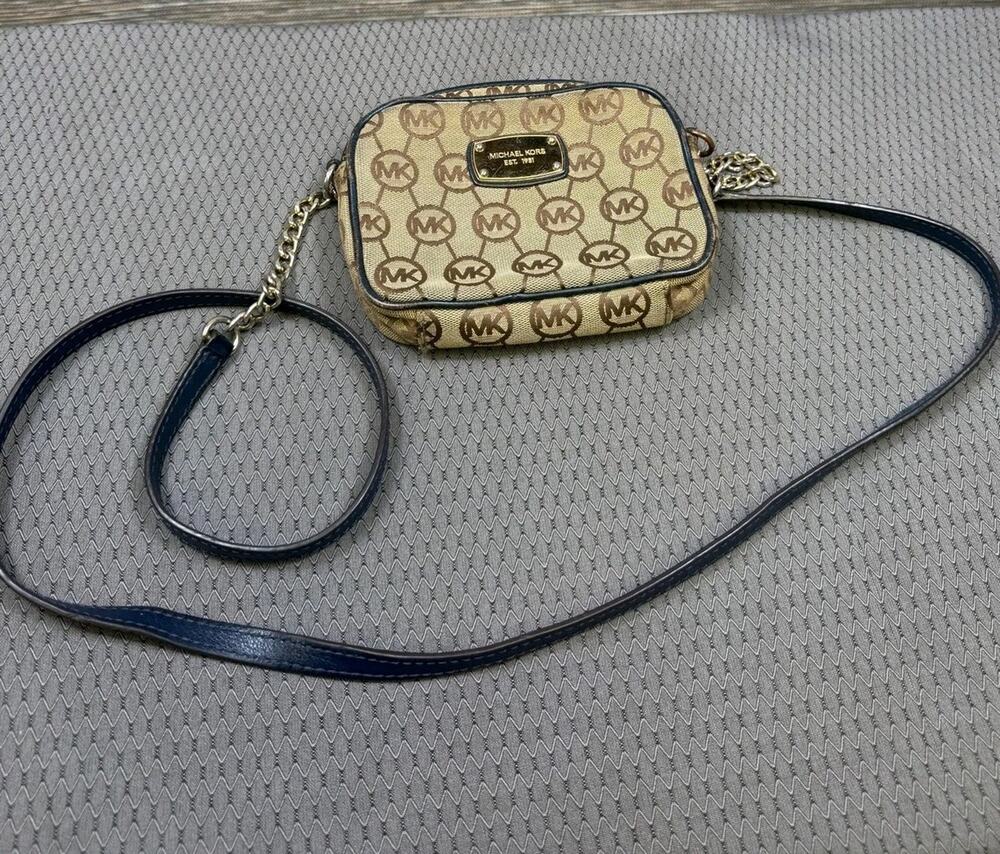 Michael Kors Crossbody Bag Womens Small Brown Logo Blue Strap Gold Hardware